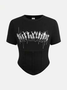 Camiseta corta de estilo gótico con dobladillo curvo y diseño gráfico de letra para niñas preadolescentes, ideal para salidas informales, vuelta al colegio, Y2K y conjuntos a juego con mamá