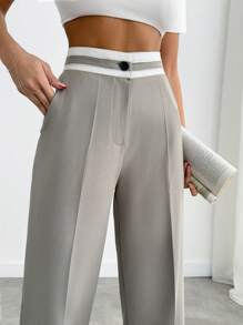 Pantalón de pierna ancha con bordado y detalles en el cinturón para mujer