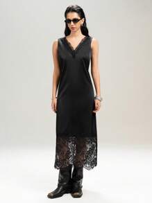 LYSMO 女式 V 领蕾丝中长连衣裙 - 黑色 - 查看 3