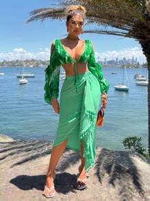 SHEIN SXY 2pcs Set: Green Floral Print Long Sleeve Shirt And Twist Knot Skirt, Casual Spring/Summer Resort Outfits For Women - Green - View 6