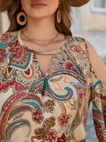 SHEIN VCAY Plus Size Women Floral Print Off Shoulder Short Sleeve Casual Bluzka Boho Women Clothing Boho Outfits Women Boho Bluzka