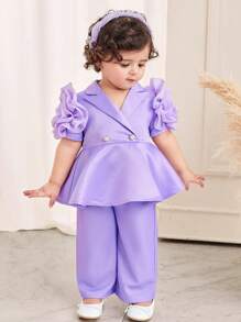 SHEIN Bộ 2 món áo hoa satin tím tay ngắn và quần dài cạp chun cho bé gái, mùa hè - Màu tím - Xem 5
