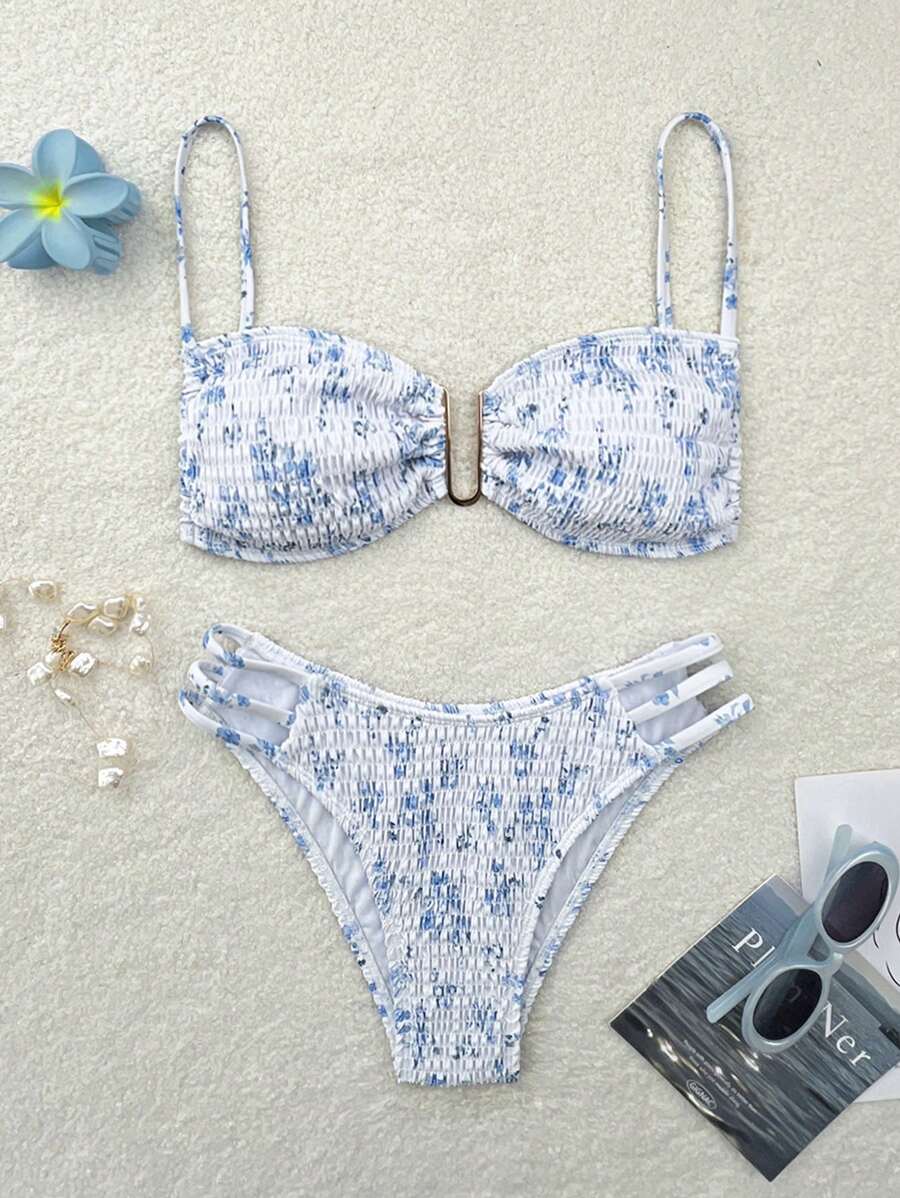 SHEIN Swim Springbreak Women Beachwear Summer Outfits, New Ditsy Floral Spaghetti Strap Tie Front 2-Piece Bikini Swimsuit For Women - Blue and White - View 1