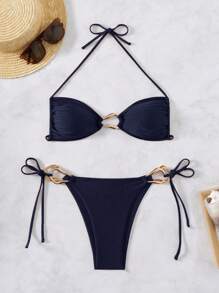 SHEIN Swim 女士春假海滩装，时尚露背系带性感镂空海滩度假泳装套装 - 藍色 - 查看 1