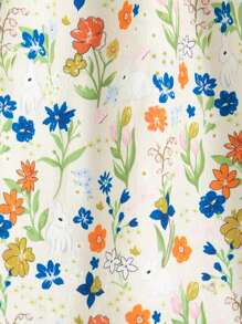 SHEIN 1pc Girls Retro Floral Bunny Print Dress, Pleated Ruffle Puff Sleeves, Peter Pan Collar With Elastic Waist, Fashionable Vintage Style