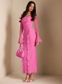 SHEIN BAE Elegant Women's Dress With 3D Floral Decor, Ruffled Hem, Sweet Pink Color, Suitable For Spring, Summer, Everyday, Dating, Outing, Party - Pink - View 6