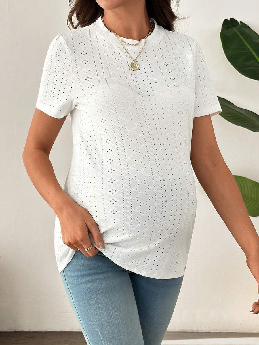 SHEIN Fashionable Casual Maternity Hollow Out Round Neck Short Sleeve T-Shirt, Summer