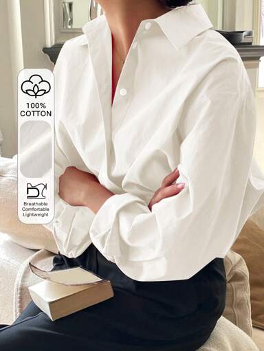 DAZY Camisa de Botão Frontal Sólida, Ombros Caídos, Manga Longa