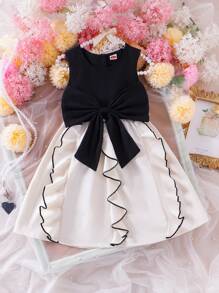 Young Girl Sleeveless Black & White Floral Lace Big Cinched Waist Casual Summer Princess Dress - Black - View 1