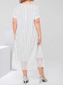 EMERY ROSE 大码女式撞色蕾丝圆领条纹休闲连衣裙，优雅女装，女士夏季服装/夏季，夏季服装，女士度假服装/度假，朴素服装 - 白色 - 查看 2