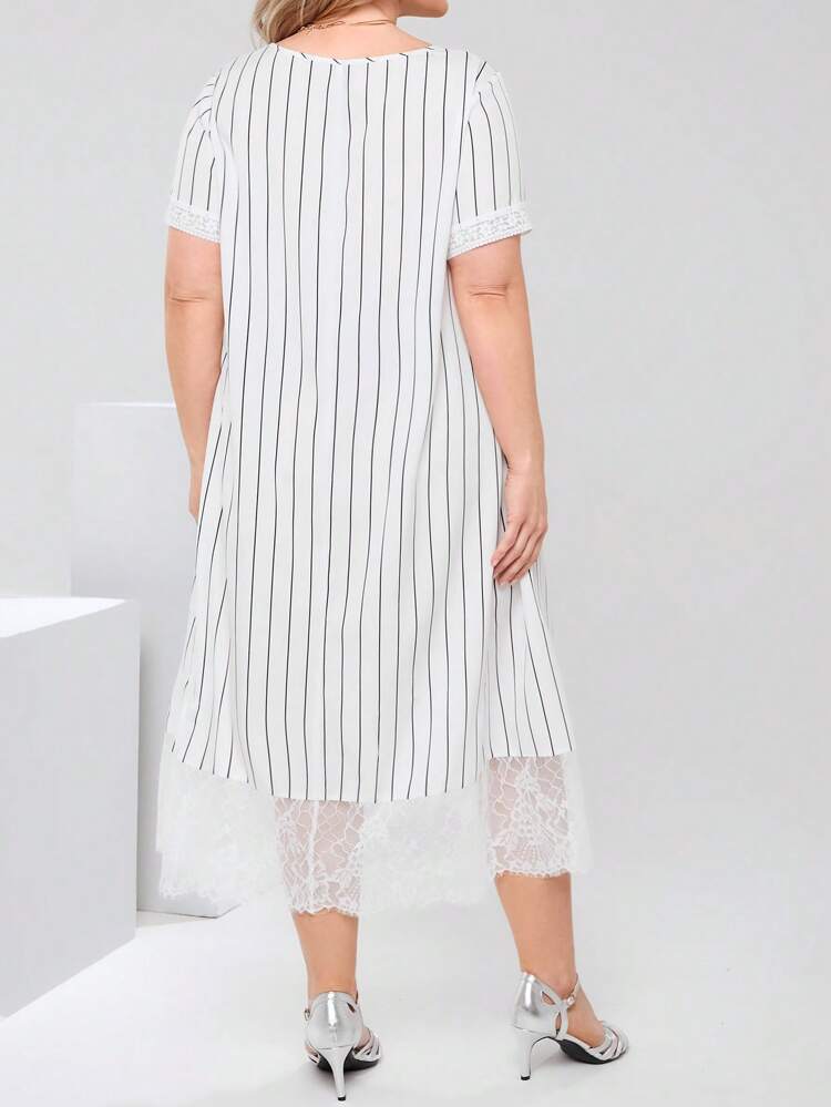Plus Size Women Contrast Lace Round Neck Striped Casual Dress,Elegant Women Clothes,Summer Outfits For Women/Summer,Summer Clothes,Vacation Outfits Woman / Vacation,Modest Clothes