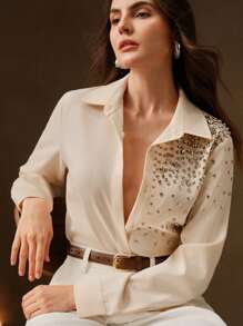 Anewsta Premium Commuting Elegant Pearl Decorated Women Shirt, Spring For Women - Apricot - View 5