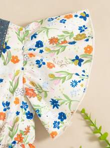 SHEIN 1pc Girls Retro Floral Bunny Print Dress, Pleated Ruffle Puff Sleeves, Peter Pan Collar With Elastic Waist, Fashionable Vintage Style