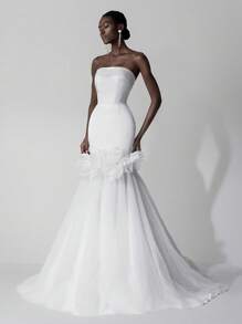SHEIN Belle Elegant White Satin Simple Strapless Collar Floral Contrast Mesh Fishtail Train Back Adjustable Tie Wedding Dress, Bride - White - View 3