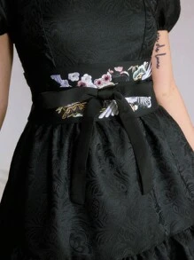 ROMWE Anime 1pc Black Japanese Style Obi Belt, Embroidered Floral & Crane Design Vintage Waist Belt For Dresses