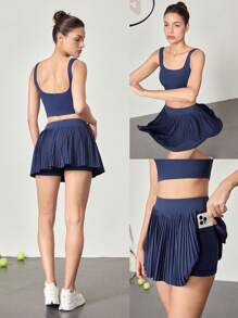 GLOWMODE 2pcs FeatherFit™-Air Sweat-Wicking Quick-Dry U-Back Tank Removable Cups & Pleated Mini Skirt With Built-In Shorts Set Daily Casual Spring Summer - Navy Blue - View 9
