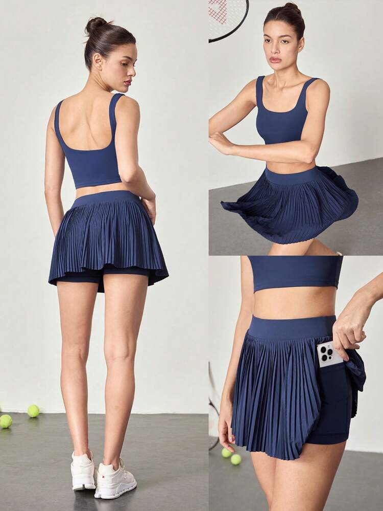 2 Pieces  FeatherFit™-Air Sweat-Wicking Quick-Dry U-Back Tank Removable Cups & Pleated Mini Skirt With Built-In Shorts Set Daily Casual Spring Summer