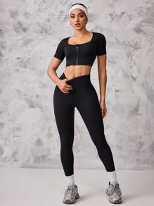SHEIN Sport Studio Women's Solid Color Cropped Top And Leggings Seamless Activewear Set