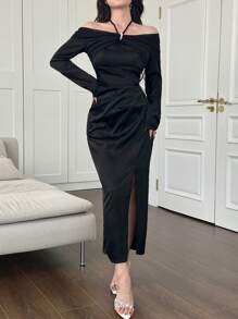 Modelyn 女士优雅派对浪漫紧身褶皱腰开衩中长连衣裙 - 黑色 - 查看 6