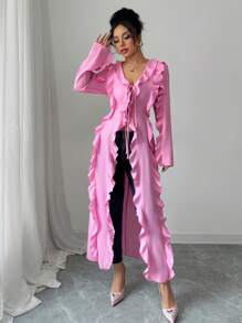 Elenzga Blusa de manga larga con volantes y lazo decorativo, de unicolor, elegante y de moda para oficina, casual, citas y vacaciones