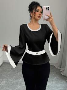 Elenzga Women's Elegant Commuting Color Block Flared Cuff Blouse