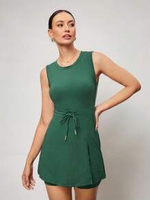 Activina Women's Solid Color Round Neck Sleeveless Waist Tie Sports Casual Dress Athletic Dress