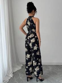 Elenzga 女式花卉印花吊带连体裤，腰部收紧 - 黑色 - 查看 2