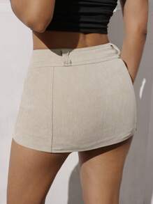 Women's Solid Color Low-Waist Front-Button Corduroy Mini Skirt - Apricot - View 2