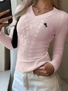 CovetEZ 女士休闲简约刺绣细节修身毛衣，秋冬季上学上衣 - 粉色 - 查看 3
