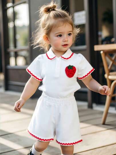 2pcs/Set Baby Girls Strawberry 3D Decor Polo Collar Short Sleeve Casual Shirts And Shorts Outfit, Fashion Suits For Summer