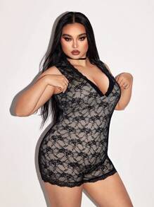 SHEIN ICON Plus Size V-Neck Lace Jumpsuit, Minimalist Fashion Casual Everyday Romper - Black - View 6