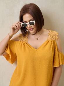 SHEIN Clasi Plus Size Women's Splice Lace Open Shoulder Ruffle Short Sleeve Elegant Blouse - Yellow - View 4