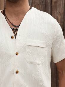 Manfinity RSRT 男士纯色短袖衬衫和短裤套装，休闲度假装亚麻套装男士夏季服装亚麻男套装丈夫和男朋友送给朋友的礼物 - 米色 - 查看 3