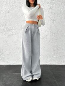 EURMUSE Women Wide Leg Button Detailed Pant Sweatpant - Grey - View 5