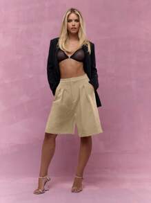 MISSGUIDED 高腰修身百慕大短裤褶皱前开阔腿专业办公室工作商务休闲夏季春季轻便长裤 - 米色 - 查看 4