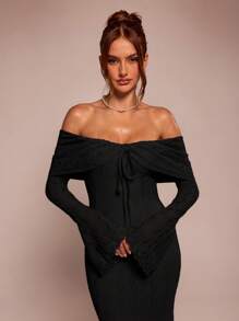 SHEIN BAE 女士露肩白色优雅蕾丝长袖超长美人鱼连衣裙，适合婚礼、派对、聚会 - 黑色 - 查看 7