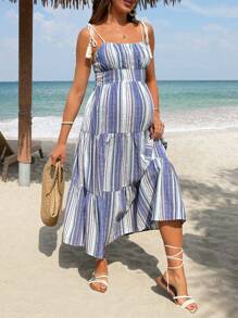 SHEIN Maternity Spaghetti Strap Striped Casual Dress With Ruffle Hem Vacation Outfits Woman Beach - Multicolor - View 6