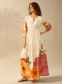 CAJUNI Women's Boho Floral Print Hollow Strap Bubble Sleeve Dress, Vacation Casual Tropical Beach Dress