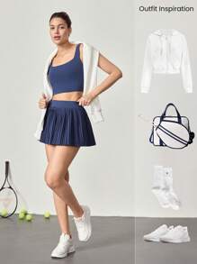 GLOWMODE 2pcs FeatherFit™-Air Sweat-Wicking Quick-Dry U-Back Tank Removable Cups & Pleated Mini Skirt With Built-In Shorts Set Daily Casual Spring Summer - Navy Blue - View 8