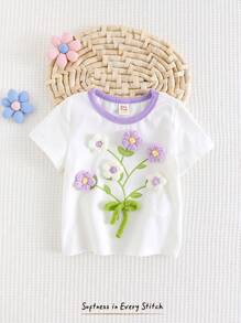 Cozy Pixies Bebê menina 3D floral malha macia gola redonda manga curta casual pullover top - Roxa - Ver 3