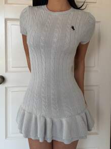 SHEIN EZwear Women Knight Pattern Round Neck Short Sleeve Ruffled Hem Knit Dress,Fall Dress - Grey - View 6