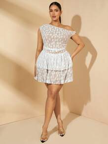 SHEIN BAE Vestido para mujer de talla grande con diseño asimétrico de encaje, parches y fruncido en la cintura, vestido elegante para primavera y verano