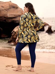 Swim Mulvari Plus Size Women   3D Leaf Print Long Sleeve Long Pants Modest Casual Vacation 2Pcs Tie-Up Swimsuit - Multicolor - View 2