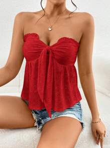 SHEIN Privé Women Vacation Distressed Embroidery Knotted Front Tube Top - Red - View 4