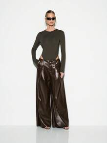 KIZN Winter Faux Leather Wide Leg Pants High Waist Palazzo Trousers Office Work Business Professional Statement Holiday Party Occasion Bottoms