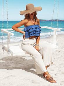 Breezaya 女士休闲荷叶边分层牛仔抹胸度假装