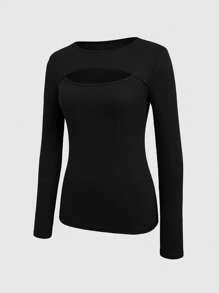 INAWLY Women Casual Solid Color Hollow Out Long Sleeve T-Shirt