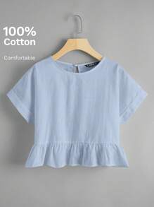 SHEIN EZwear 後鎖孔捲邊袖荷葉邊下擺上衣 - 淺藍色 - 查看 1