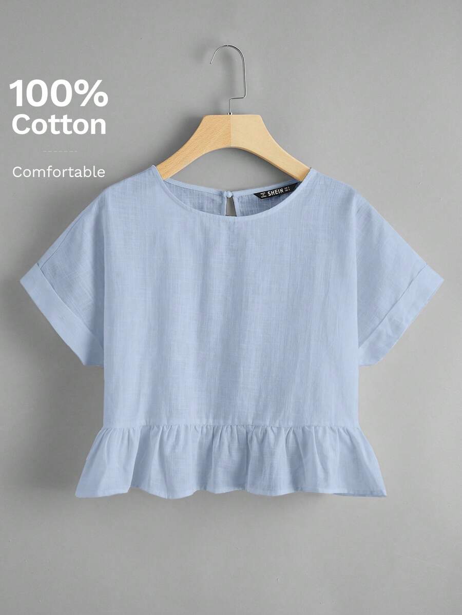 SHEIN EZwear 後鎖孔捲邊袖荷葉邊下擺上衣 - 淺藍色 - 查看 1