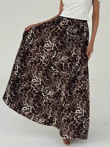 Aloruh Elegant Leopard Print High Waist Maxi A-Line Skirt, Slimming